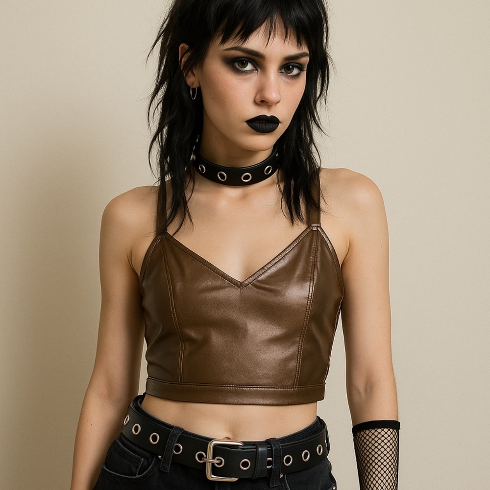 Lost + Wander Faux Leather Crop Top Brown Bronze Tank Cami Going Out Clubwear S